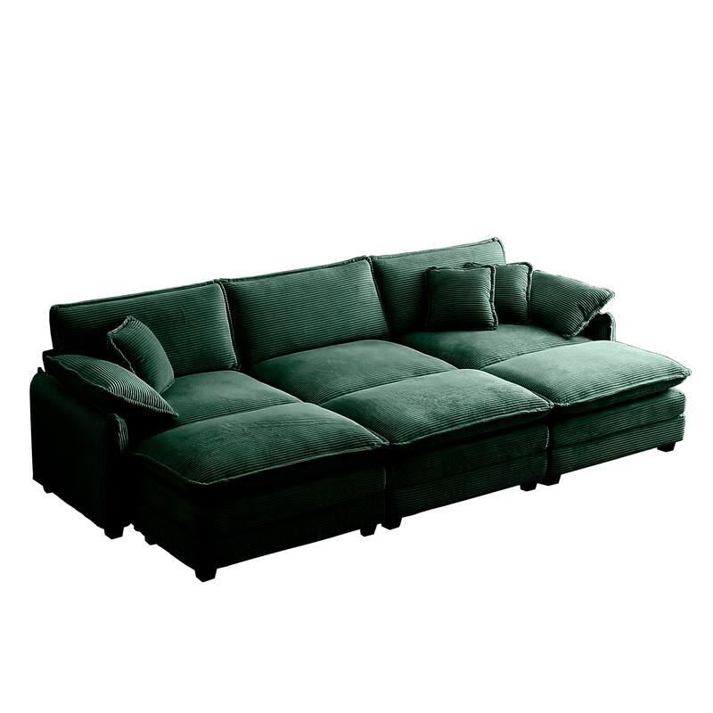 Green 6-piece Corduroy Modular Sleeper Sectional Sofa with 3 Ottomans