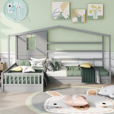 L-Shape Double Twin House Bed with Fence & Slatted Frame