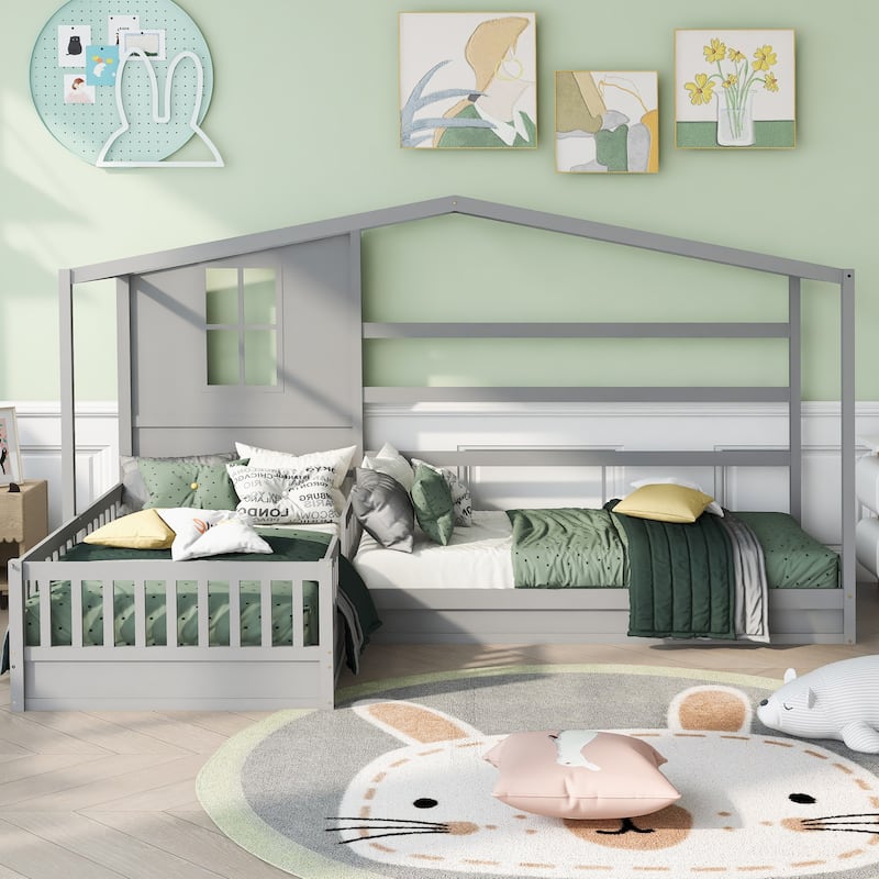 L-Shaped Twin Size House Platform Bed, 2 Twin Solid Bed - Gray