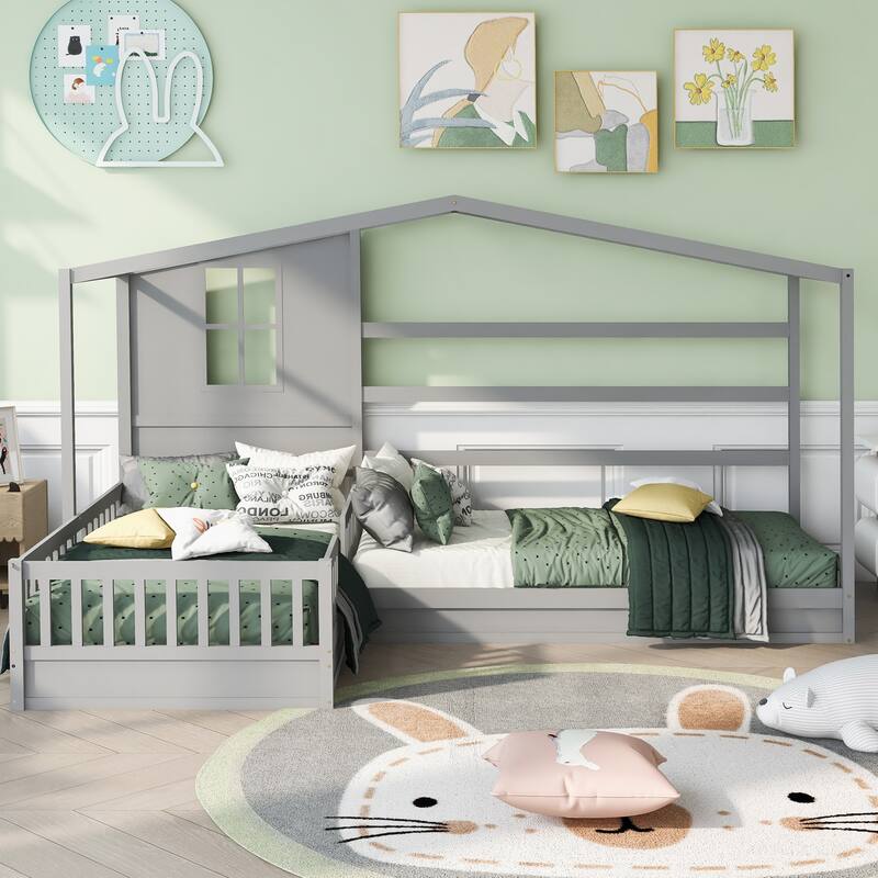 Twin Solid Pine L-Shape House Bed with Fence - Gray