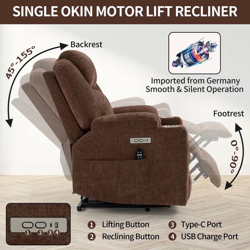 Blue Power Lift Recliner Chair with 8-Point Vibration Massage, Lumbar Heating, Dual USB Ports and Stainless Steel Cup Holders
