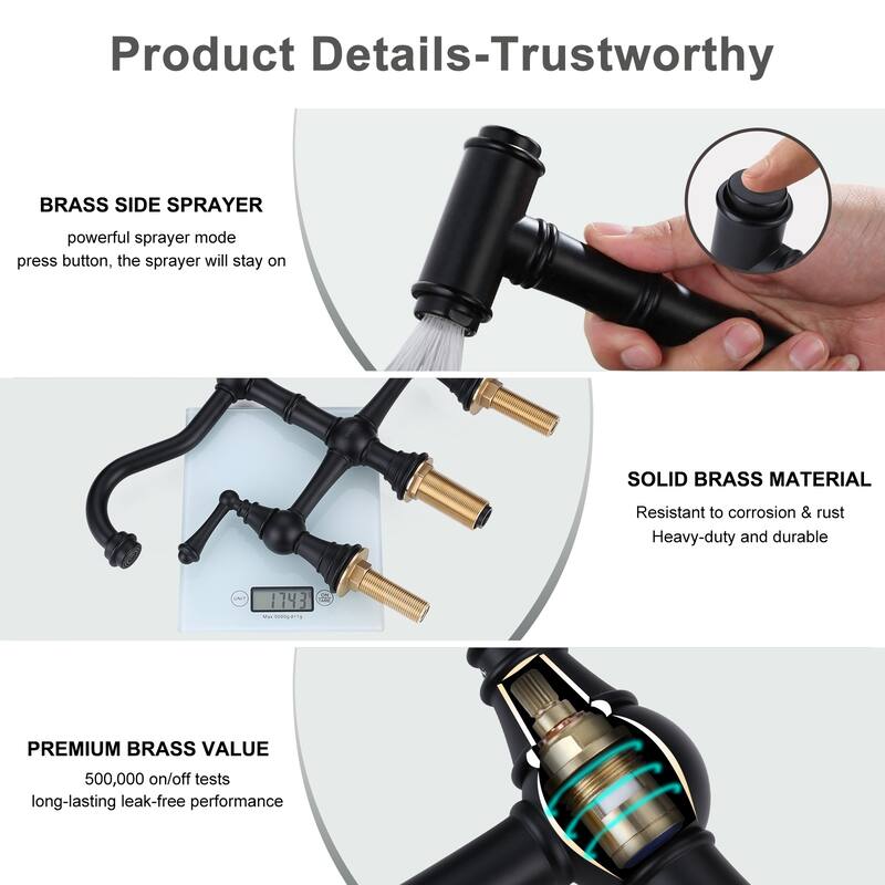 WOWOW Double Handle Bridge Kitchen Faucet with Side Sprayer