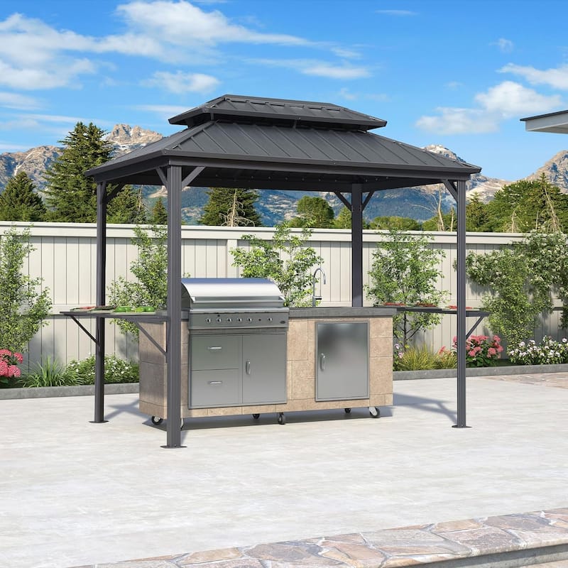 PURPLE LEAF Hardtop Grill Gazebo Galvanized Steel Roof Outdoor BBQ Canopy with Ceiling Hook and Shelves - 6.5ft x 10ft - Grey