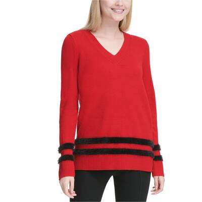 Calvin Klein Womens Faux Fur Striped Pullover Sweater,, Red, X-Small