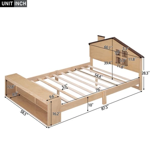 dimension image slide 1 of 2, Wood Color Full Size House Platform Bed with LED Lights and Storage