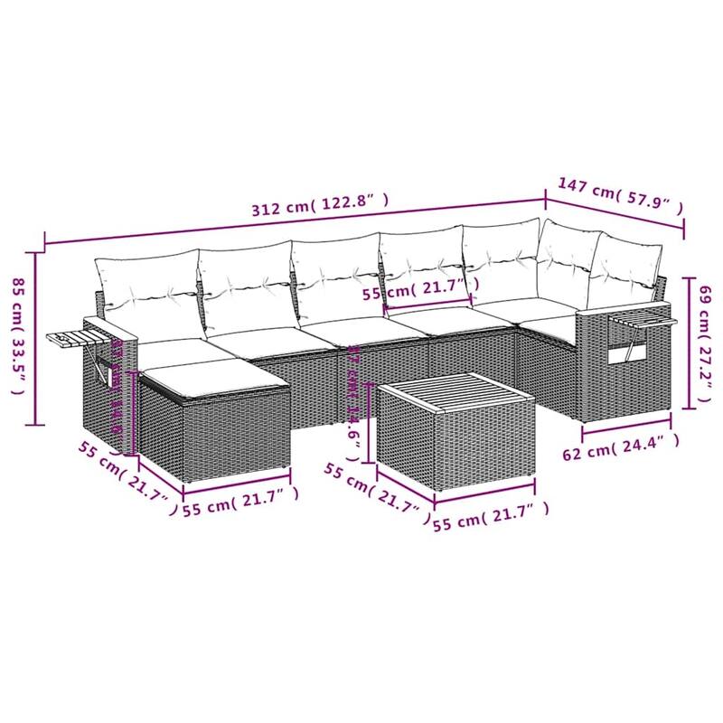 vidaXL 8 Piece Patio Sofa Set with Cushions Grey Poly Rattan (US only) - 122.8x33.5x57.9