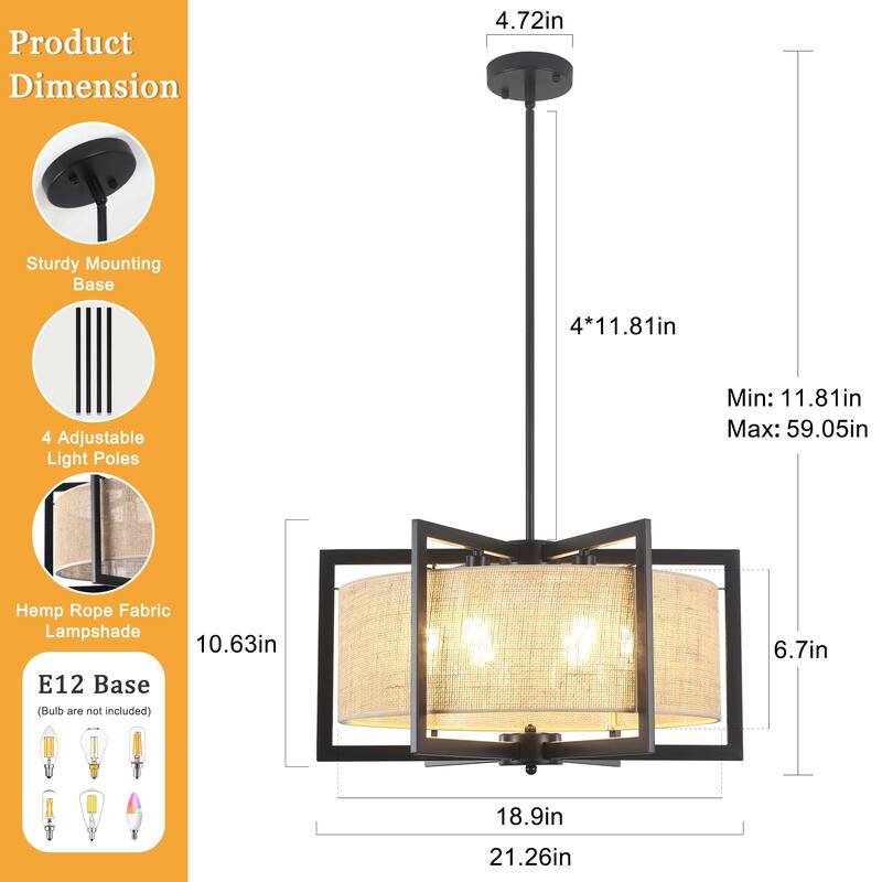 21.26inch 5 Light Rustic Farmhouse Style Chandelier with Hemp Rope Shade and Metal Frame