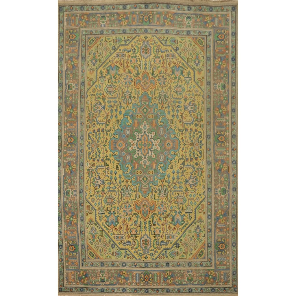 Hand Knotted Oriental 100% Wool Carpet Traditional Floral Yellow & Gold Tabriz Area Rug - 9' 5'' X 6' 3''