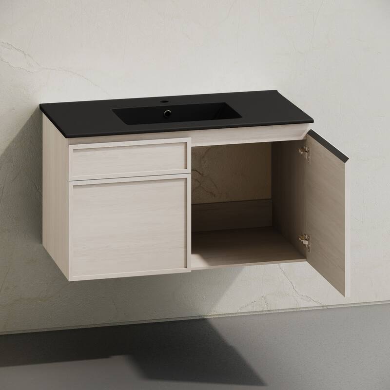 St. Tropez 36" Wall-Mounted Bathroom Vanity In White Oak With Black Sink Top - 36