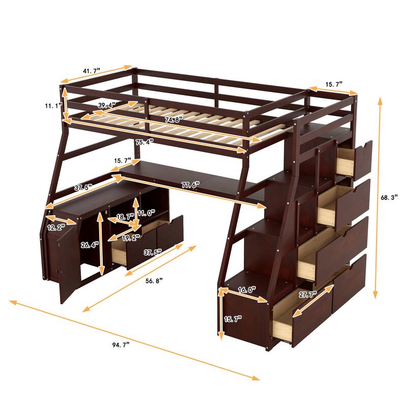 Twin Size Loft Bed with 7 Drawers 2 Shelves and Desk Espresso