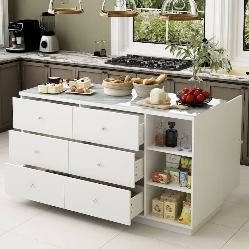 63"W Kitchen Island White Storage Unit with Drawers and Cabinets - 63"