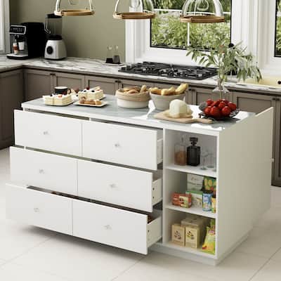 63"W Kitchen Island White Storage Unit with Drawers and Cabinets - 63"
