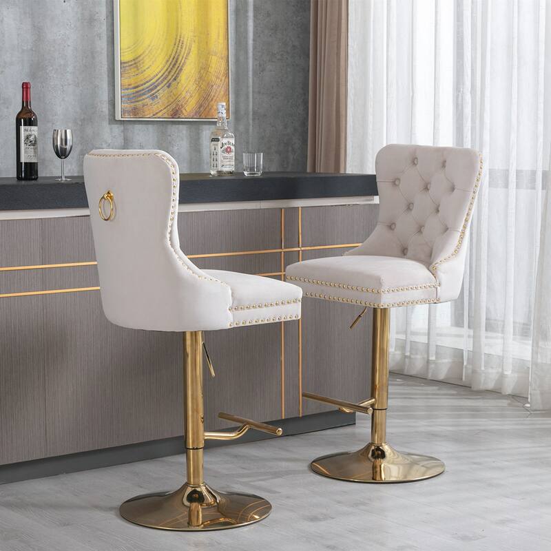 2PCS Tufted Swivel Velvet Bar Stool With Gold Legs