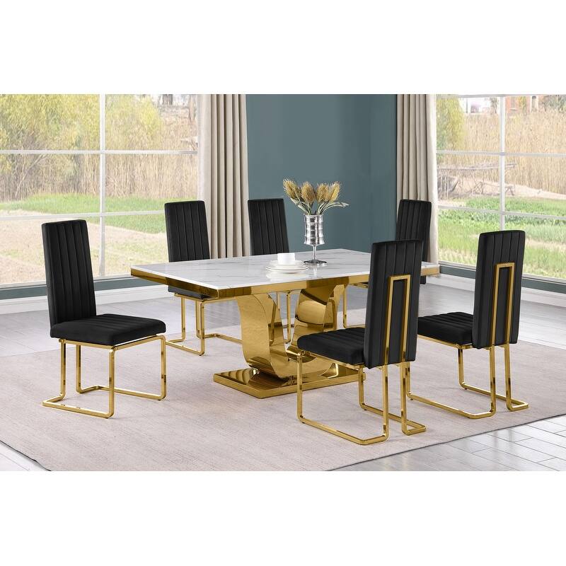 Best Quality Furniture D320-SC344-7 Dining Set with 66" White Marble Top - 7-Piece - Black / Gold