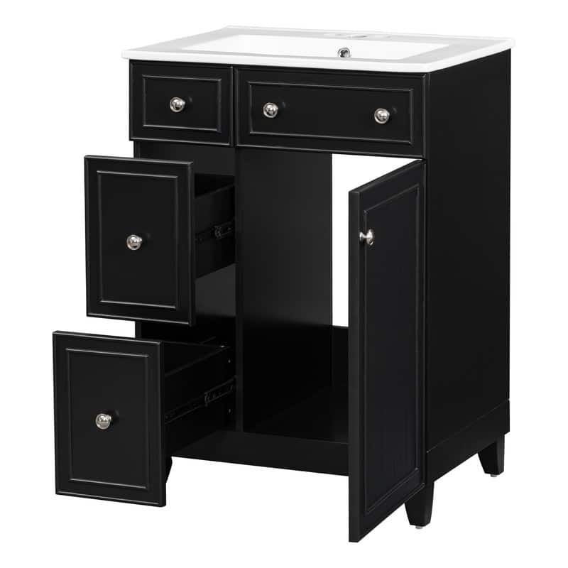 Bathroom Vanity Set: 24-Inch Cabinet With Ceramic Sink, Two Drawers And A Single Door - 24"W*18.3"D*34.3"H