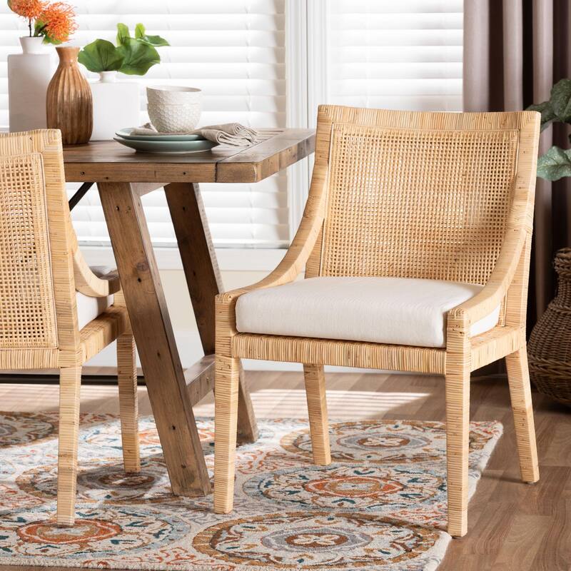 Alexis Natural Rattan Dining Chair - Handcrafted Wingback Accent Chair with Woven Back and Removable Seat Cushion, Boho Seating