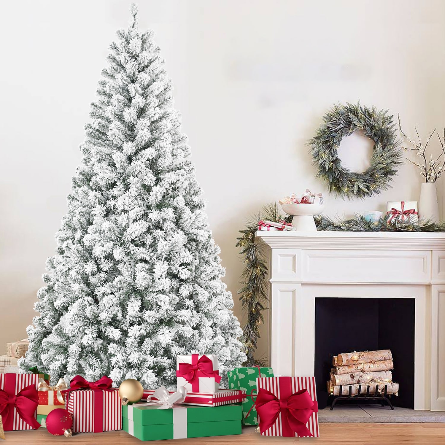 Snow Flocked Artificial Tree - Compact Full Shape, PVC Branches, Metal Stand, Indoor/Office - Green,White
