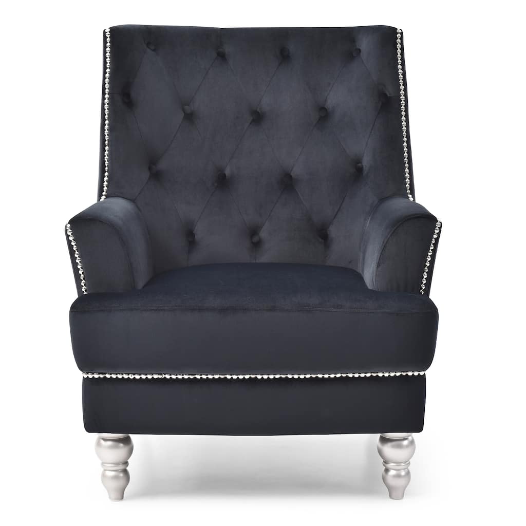 Solid Velvet Upholstered Tufted Back Accent Chair - 37" - Black