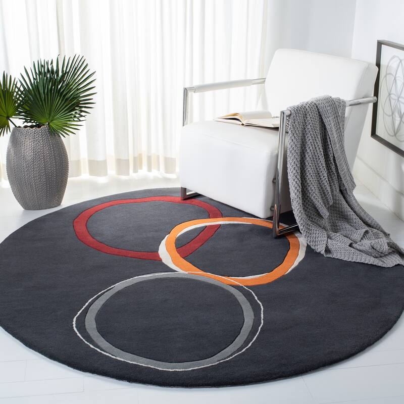 SAFAVIEH Handmade Soho Tiera Circles N.Z. Wool Rug - 6' Round - Charcoal