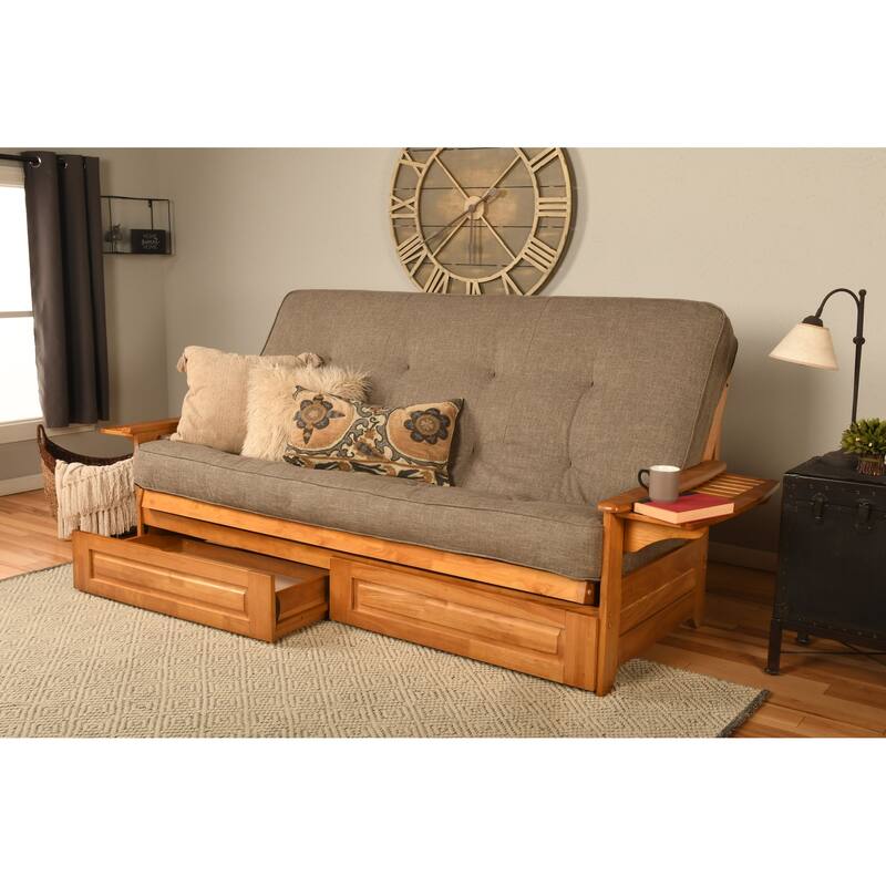 Somette Phoenix Queen-size Storage Futon Set in Butternut Finish with Linen Mattress