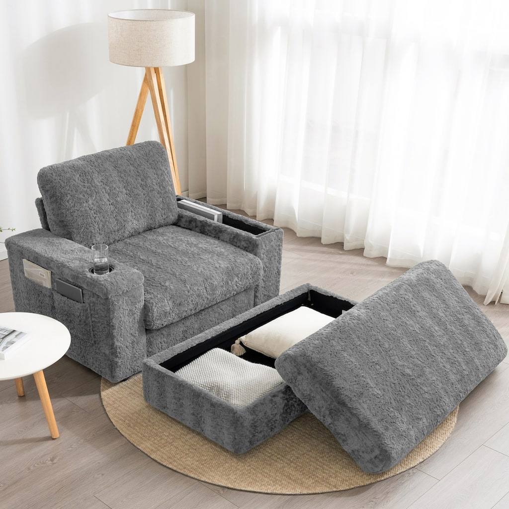 Oversized Upholstered Sleeper Chair Sofa Bed with Storage Ottoman and Armrests,Cup Holders