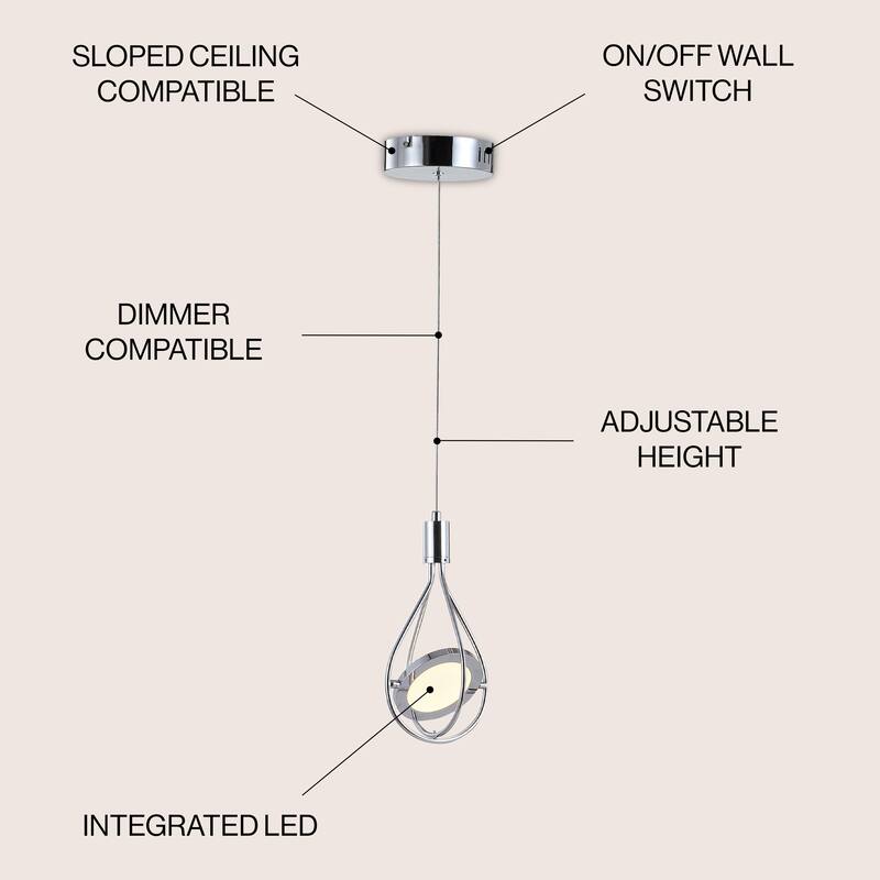 Scribble 5.5" Adjustable Modern Integrated 1-Light Cluster LED Metal Pendant, Chrome by JONATHAN Y
