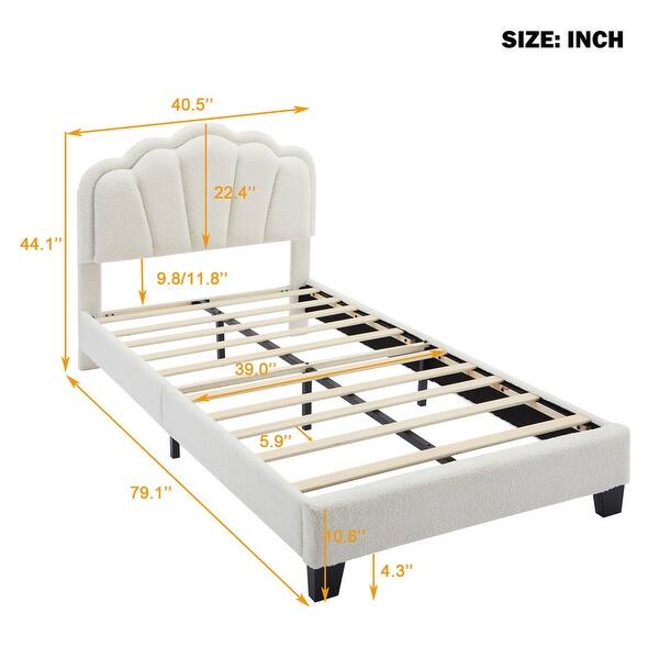dimension image slide 2 of 4, Twin/Full Size Upholstered Bed Frame with Flower Shaped Headboard, Elegant Platform Bed with Wooden Slats Support & LED Light