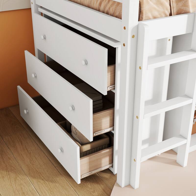 Twin Size Loft Bed Frame with Pull-out Desk, Drawer and Shelf Cabinets, Space-Saving with Safety Guardrail and Sturdy Ladder