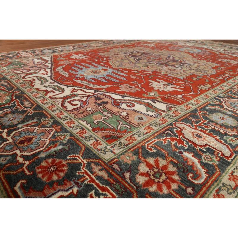 Geometric Heriz Serapi Indian Area Rug Hand-Knotted Wool Carpet - 8'9"x 11'11"