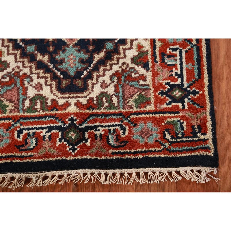Hand Knotted Oriental 100% Wool Carpet Traditional Medallion Navy Blue & Blues Heriz (serapi) Area Rug - 3' 0'' X 2' 0''