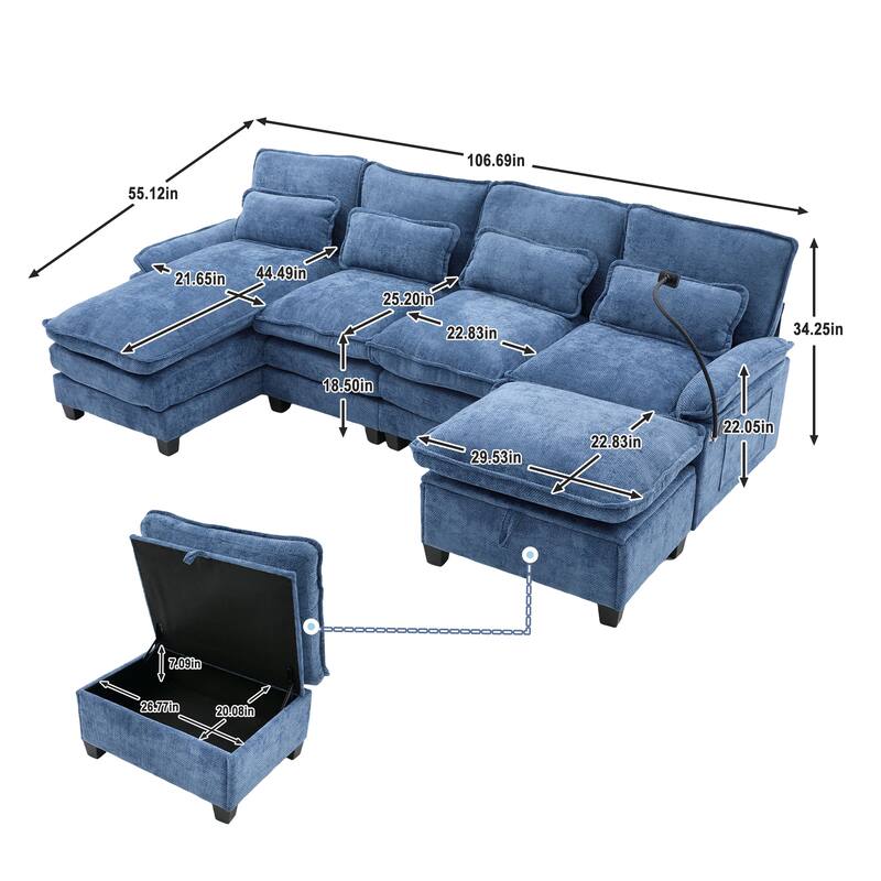 Chenille U-shape Sectional Sofa with Chaise and Storage Ottoman, Modular Couch with USB/Type-C Ports, Side Pockets, Phone Holder