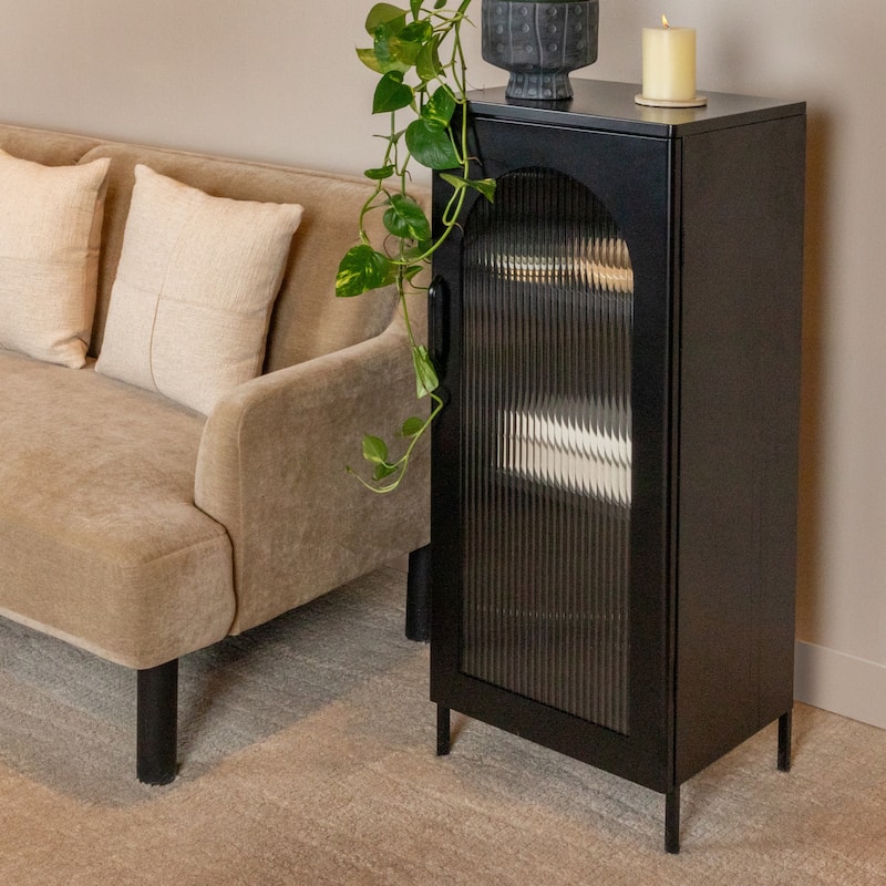 Solstice Metal Accent Cabinet with 2 Adjustable Storage Shelves and Arched Glass Door