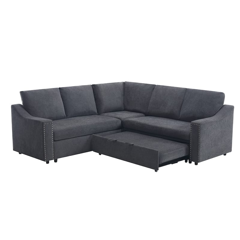 L Shaped Chenille Fabric Pull-out Sofa Bed, Corner Sofa with Pillows