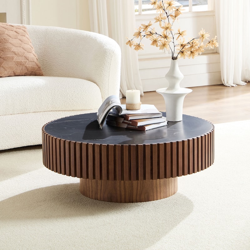 Luxury Round Coffee Table with Faux Marble Top, 35.43" Modern Low Drum Shape Cocktail Table for Living Room, Reception Room - Walnut