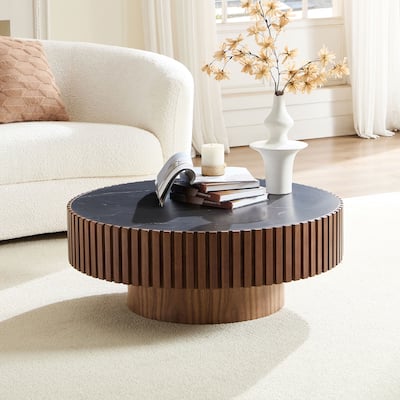 Luxury Round Coffee Table with Faux Marble Top, 35.43" Modern Low Drum Shape Cocktail Table for Living Room, Reception Room