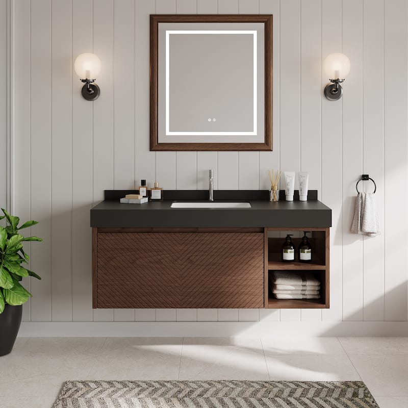 48" Modern Floating Single Bathroom Vanities with Sink, Brown or Natural wood, 2 Drawers