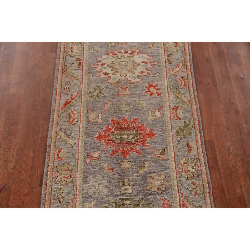Hand Knotted Oriental 100% Wool Carpet Transitional All-Over Greys & Charcoal Oushak Runner Rug - 9' 8'' X 2' 8''