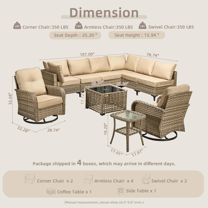 OVIOS 10 Pieces Outdoor Wicker Swivel Chair Set With Solar-Powered Coffee Table