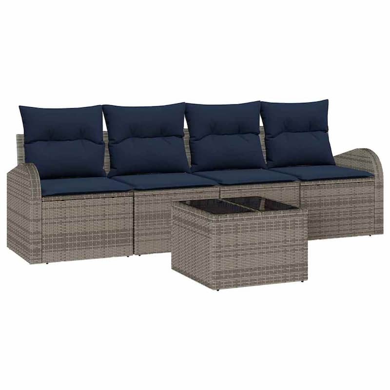 vidaXL 5 Garden Sofa Set with Cushions Black/Brown/Grey Poly Rattan - 92.1 x 24.4 x 27.2