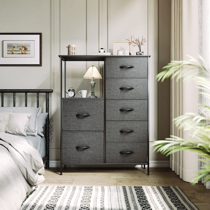 Modern Wide Dresser Storage Tower with 7 Drawers - 2-5 Black Grey