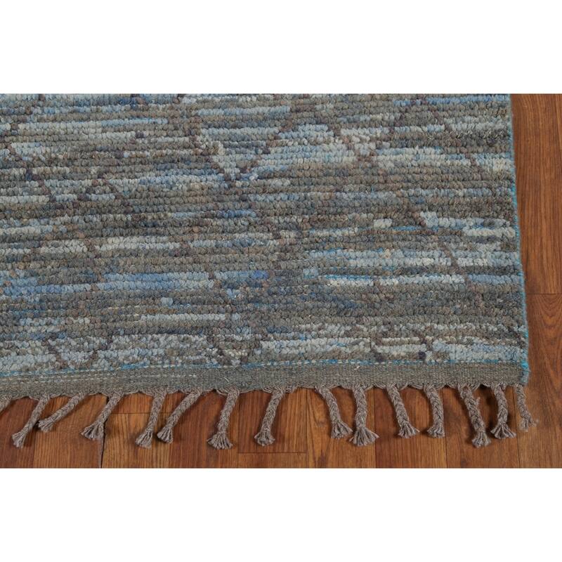 Striped Blue Trellis Moroccan Runner Rug Hand-Knotted Wool Carpet - 3'0"x 12'5"