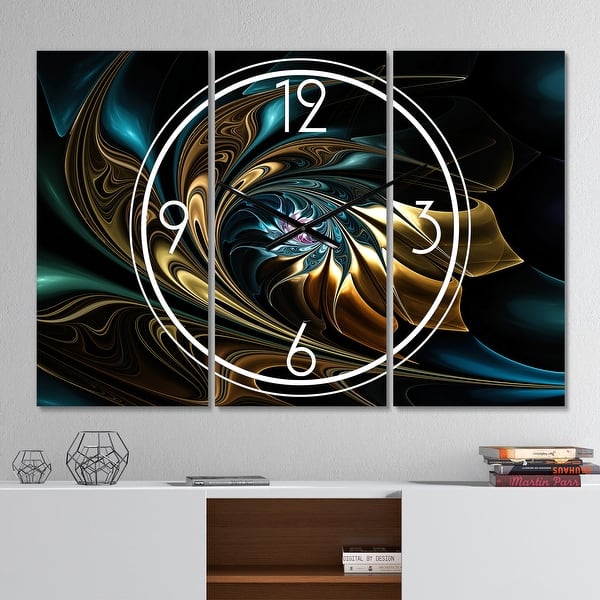slide 2 of 6, Designart 'Brown Blue Fractal Flower in Black' Modern 3 Panels Oversized Wall CLock - 36 in. wide x 28 in. high - 3 panels