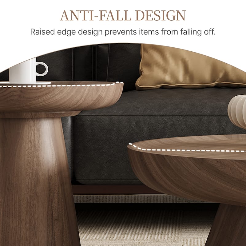 Round Walnut Nesting Coffee Tables 2-Piece Set - Modern Living Room Wooden Accent Tables, Stackable & Separable