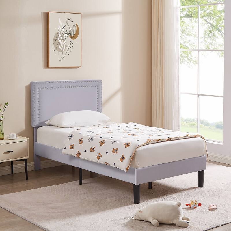 2 Pcs Upholstered Twin Size Platform Bed with Adjustable Headboard
