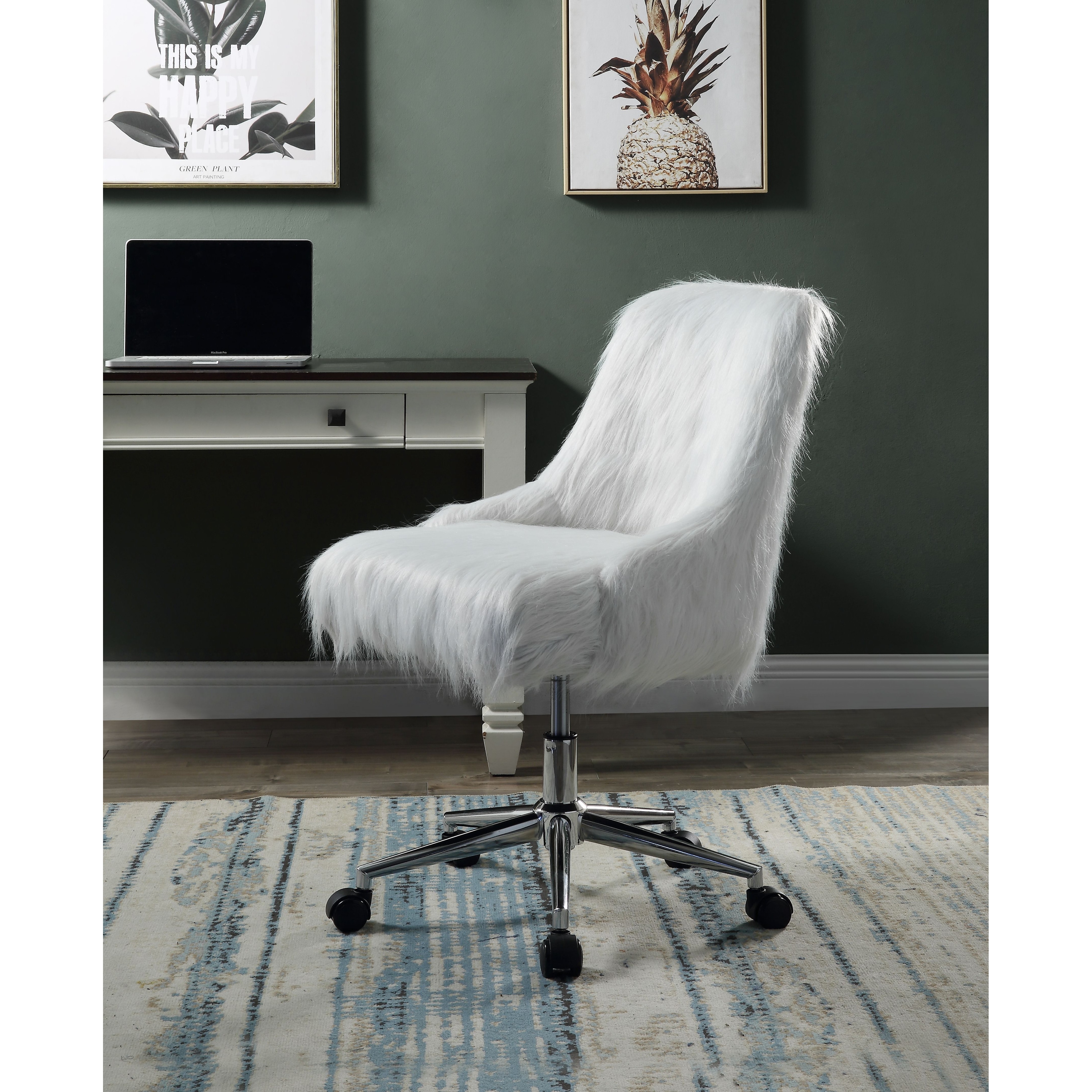 White fuzzy shop rolling chair
