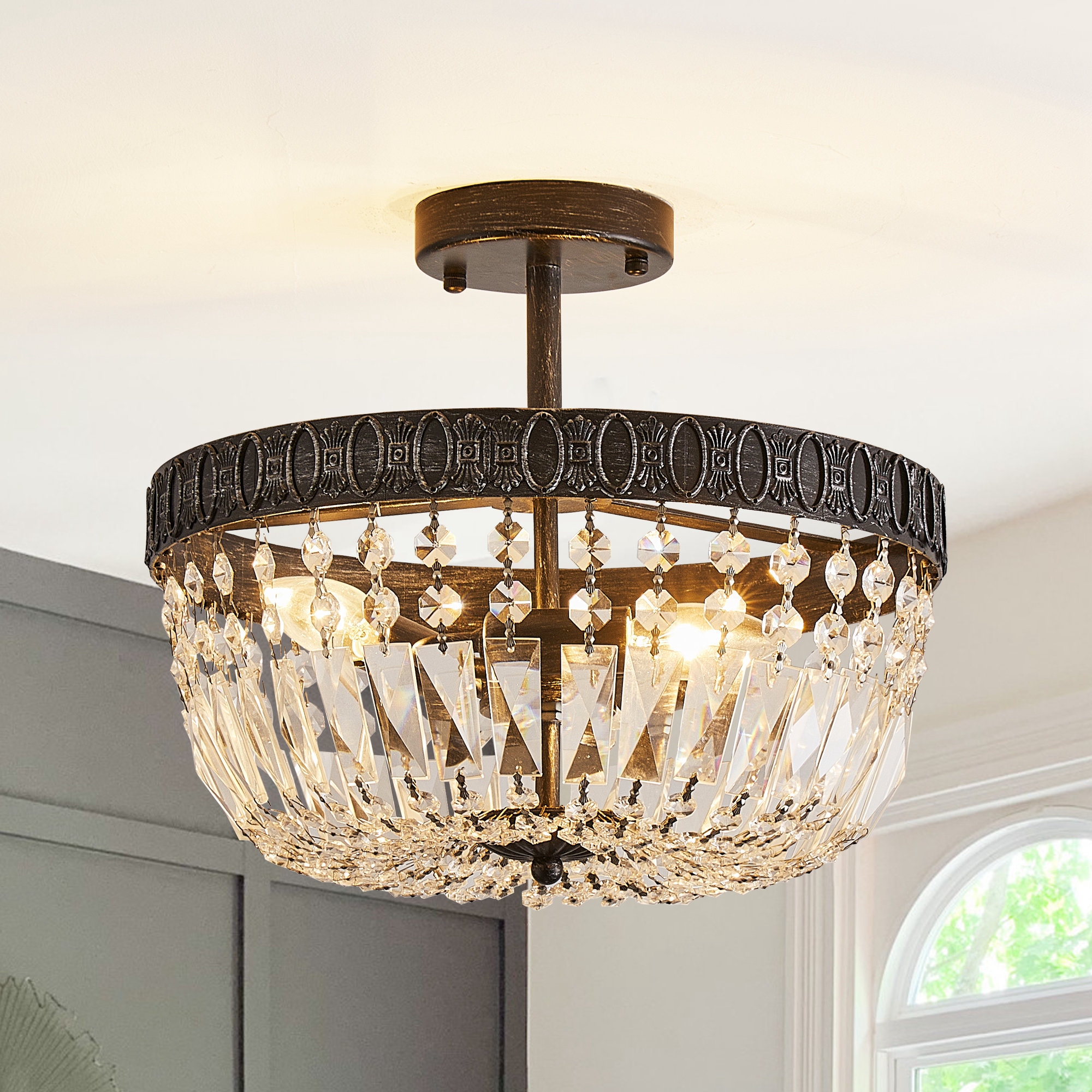 Crystal semi flush shop mount ceiling light