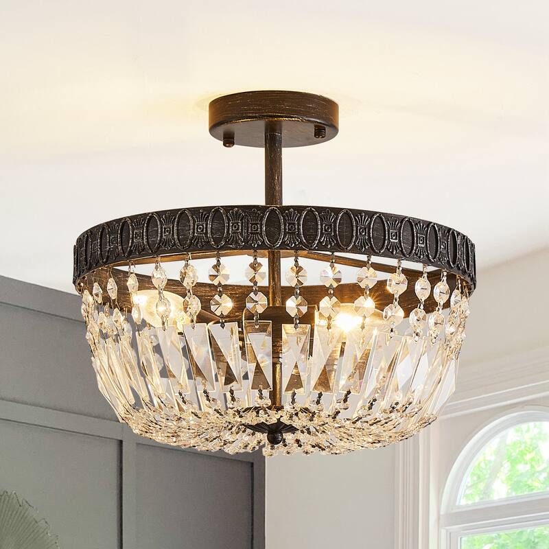 Black Industrial 3-Light Crystal Semi-Flush Mount Chandelier