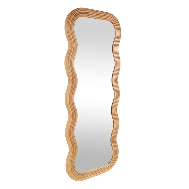 Brown Wood Handmade Wavy Room Wall Mirror with Ribbed Frame - 2"W x 29"L x 73"H