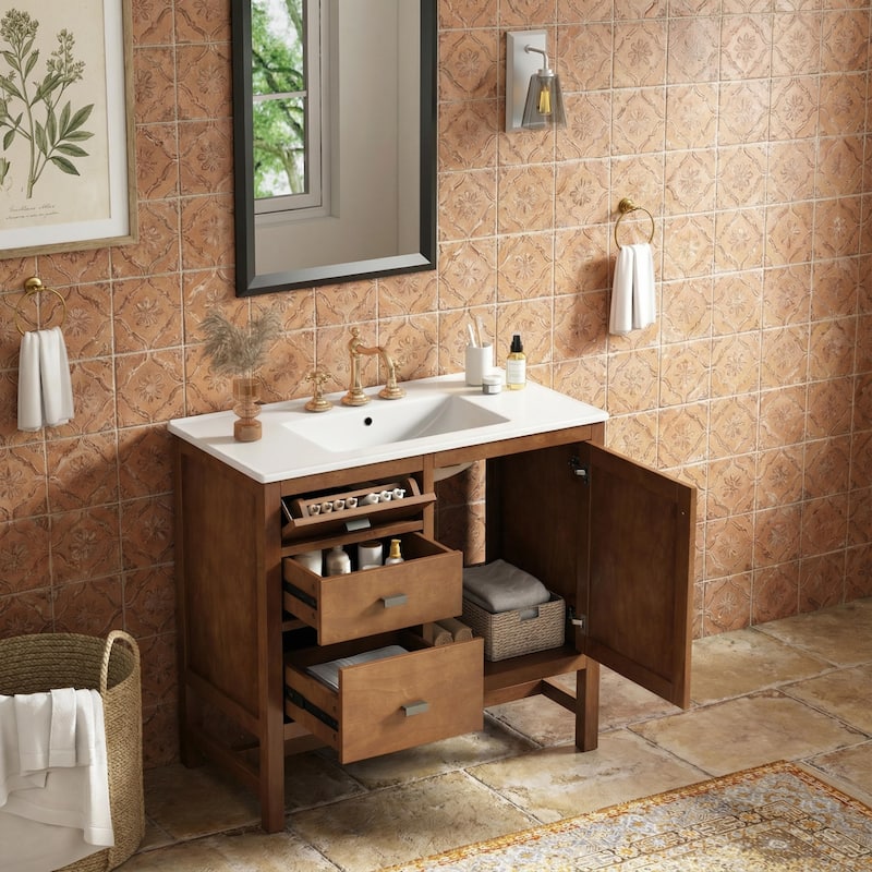 Christopher Knight Home - Modern 36" Freestanding Bathroom Vanity with Ceramic Sink, Dual Drawers, Flip-Up Storage - 36"W