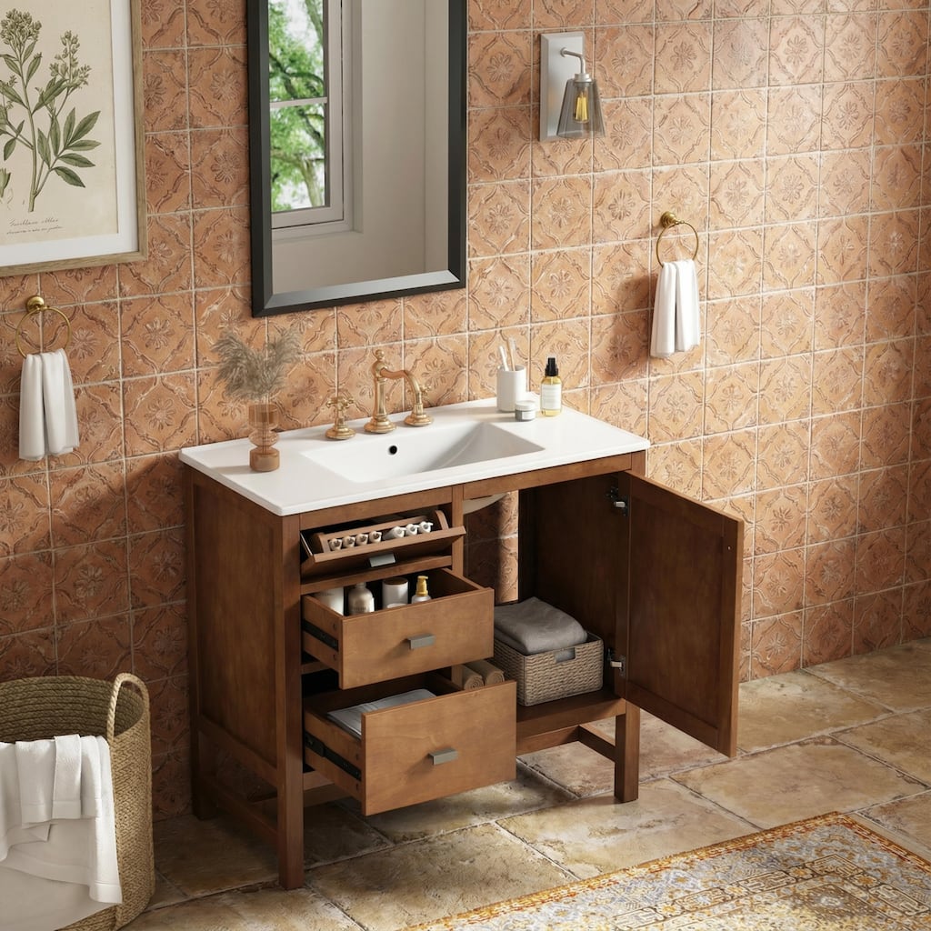 Christopher Knight Home - Modern 36" Freestanding Bathroom Vanity with Ceramic Sink, Dual Drawers, Flip-Up Storage - 36"W